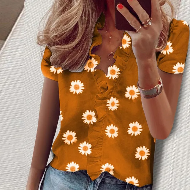 2021 Summer Elegant New Daisy Pineapple Print Short Sleeve  Sexy V-neck tops Sizes S - 3XL