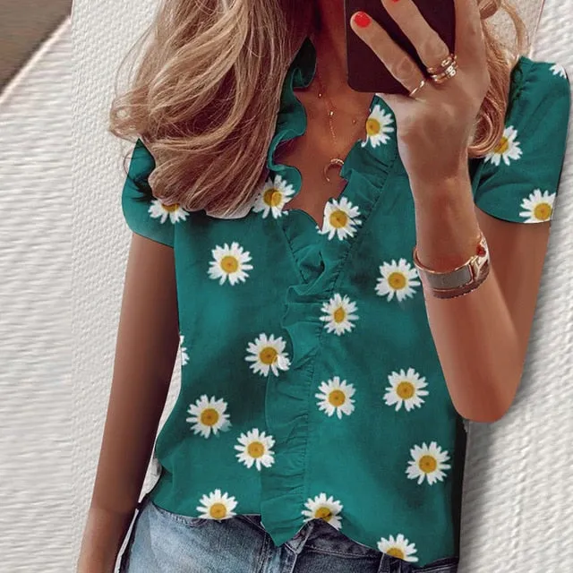 2021 Summer Elegant New Daisy Pineapple Print Short Sleeve  Sexy V-neck tops Sizes S - 3XL