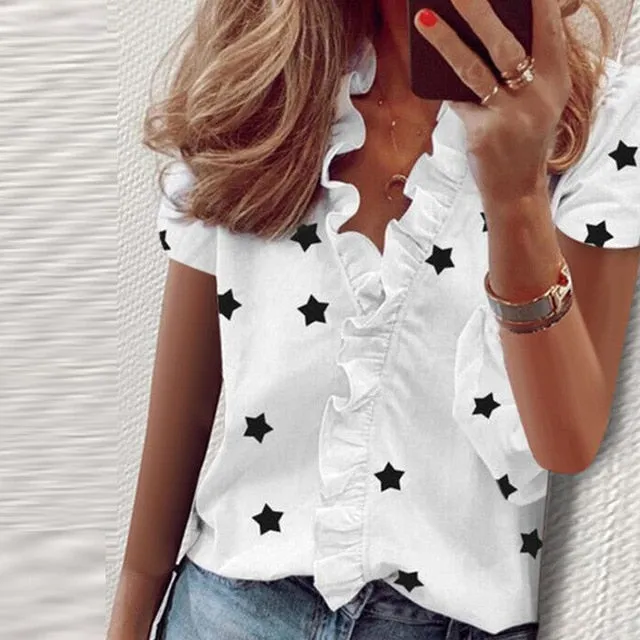 2021 Summer Elegant New Daisy Pineapple Print Short Sleeve  Sexy V-neck tops Sizes S - 3XL