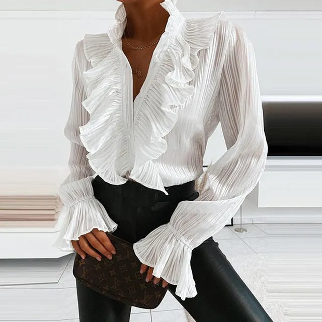 2021 Summer Elegant Polka Dot Ruffle blouse shirts Women Autumn Long Sleeve V-Neck Pullover Tops Sizes S - 3XL