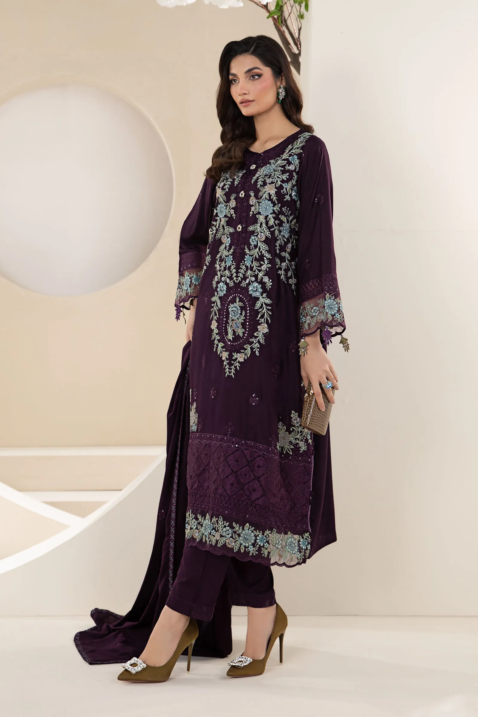 3 Piece Embroidered Linen Suit | DW-W24-20