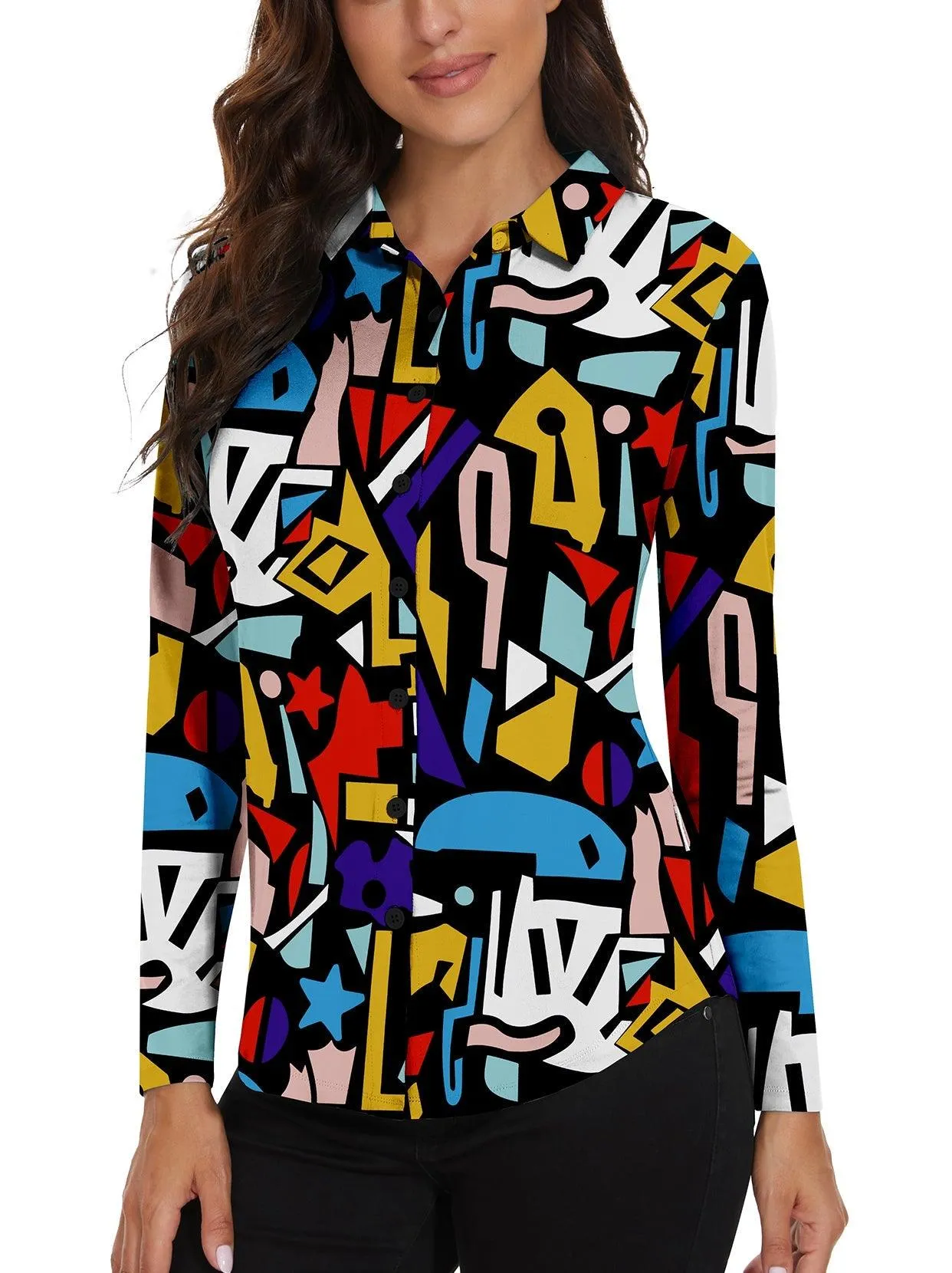 Abstract Art Prints Button-down Long-sleeve Golf Polo Shirts for Women