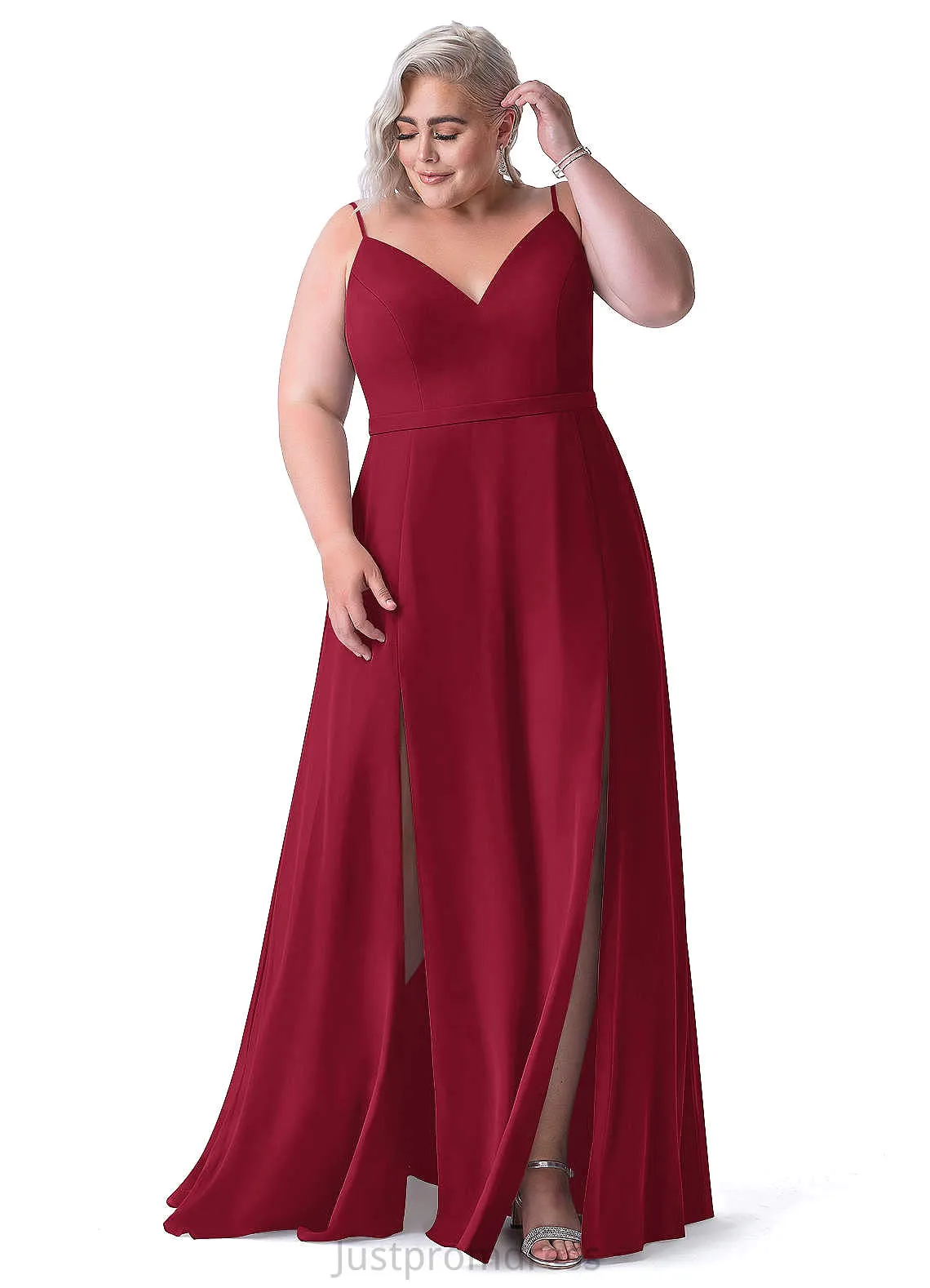 Alice Sleeveless Sheath/Column Satin Tea Length Natural Waist Spaghetti Staps Bridesmaid Dresses