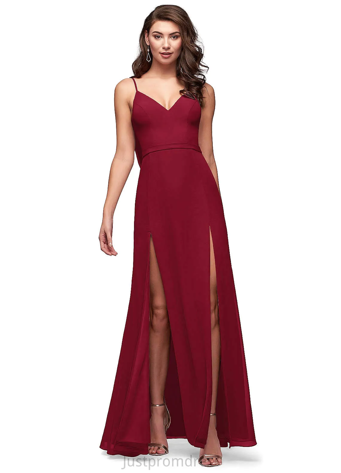 Alice Sleeveless Sheath/Column Satin Tea Length Natural Waist Spaghetti Staps Bridesmaid Dresses