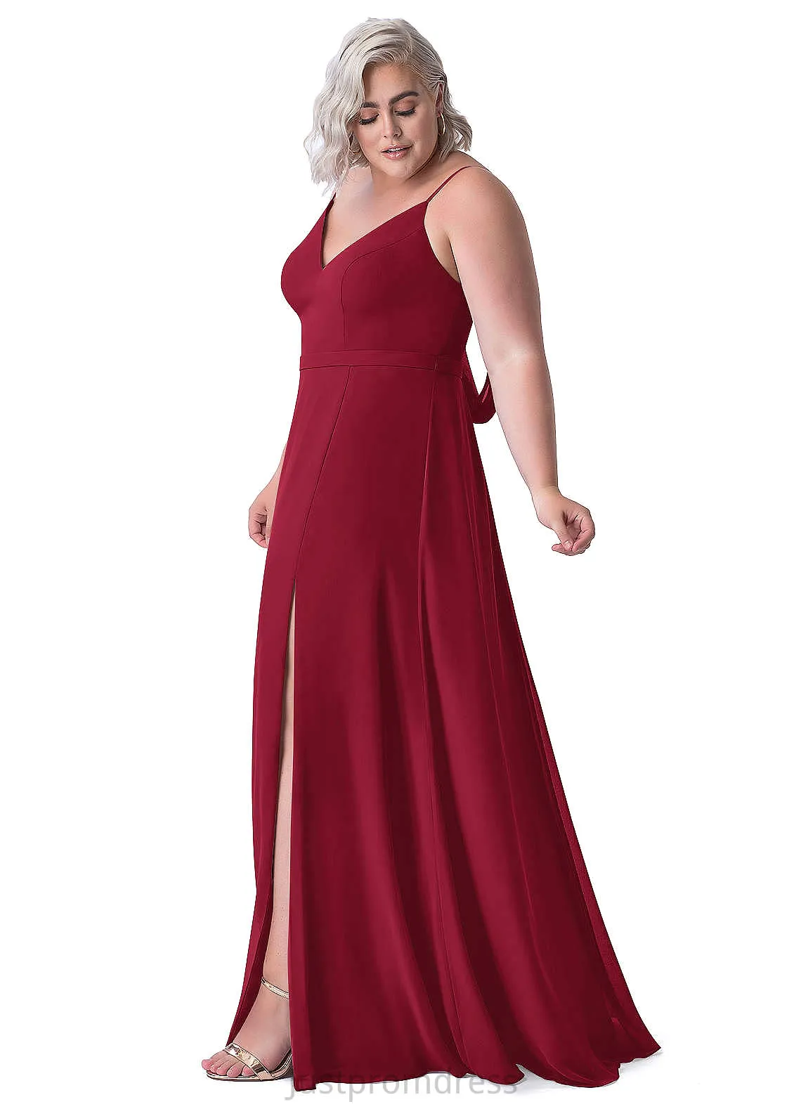 Alice Sleeveless Sheath/Column Satin Tea Length Natural Waist Spaghetti Staps Bridesmaid Dresses