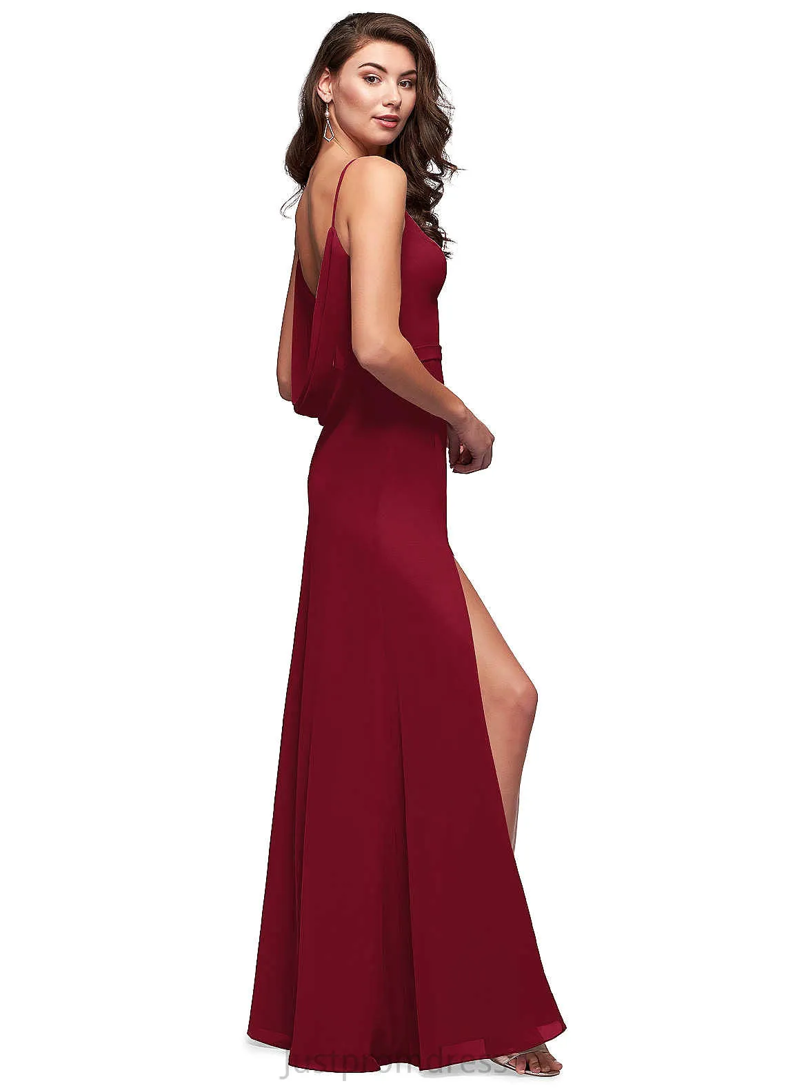 Alice Sleeveless Sheath/Column Satin Tea Length Natural Waist Spaghetti Staps Bridesmaid Dresses