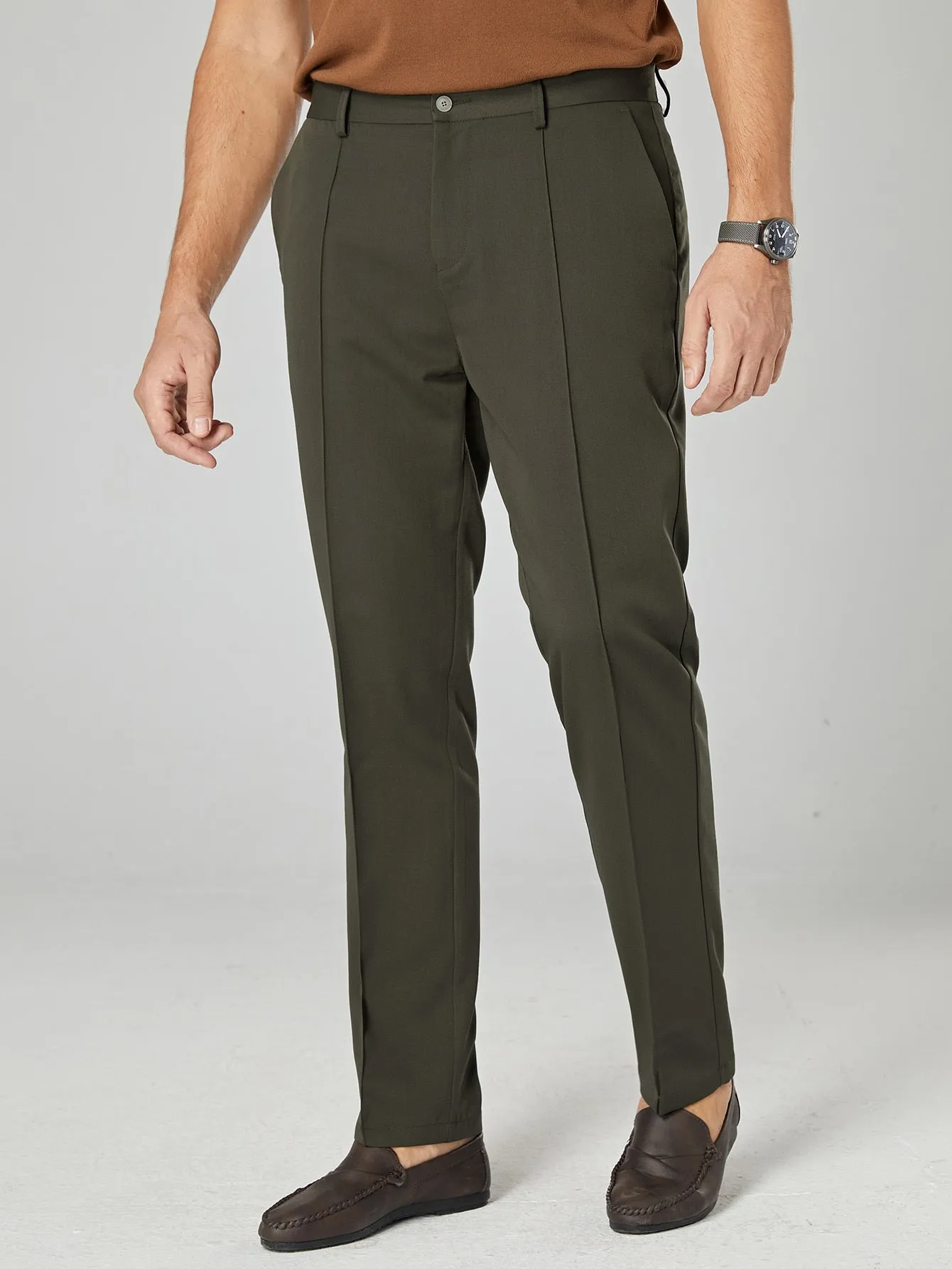 Army Green Seam Detail Zipper Fly Tailored Trousers