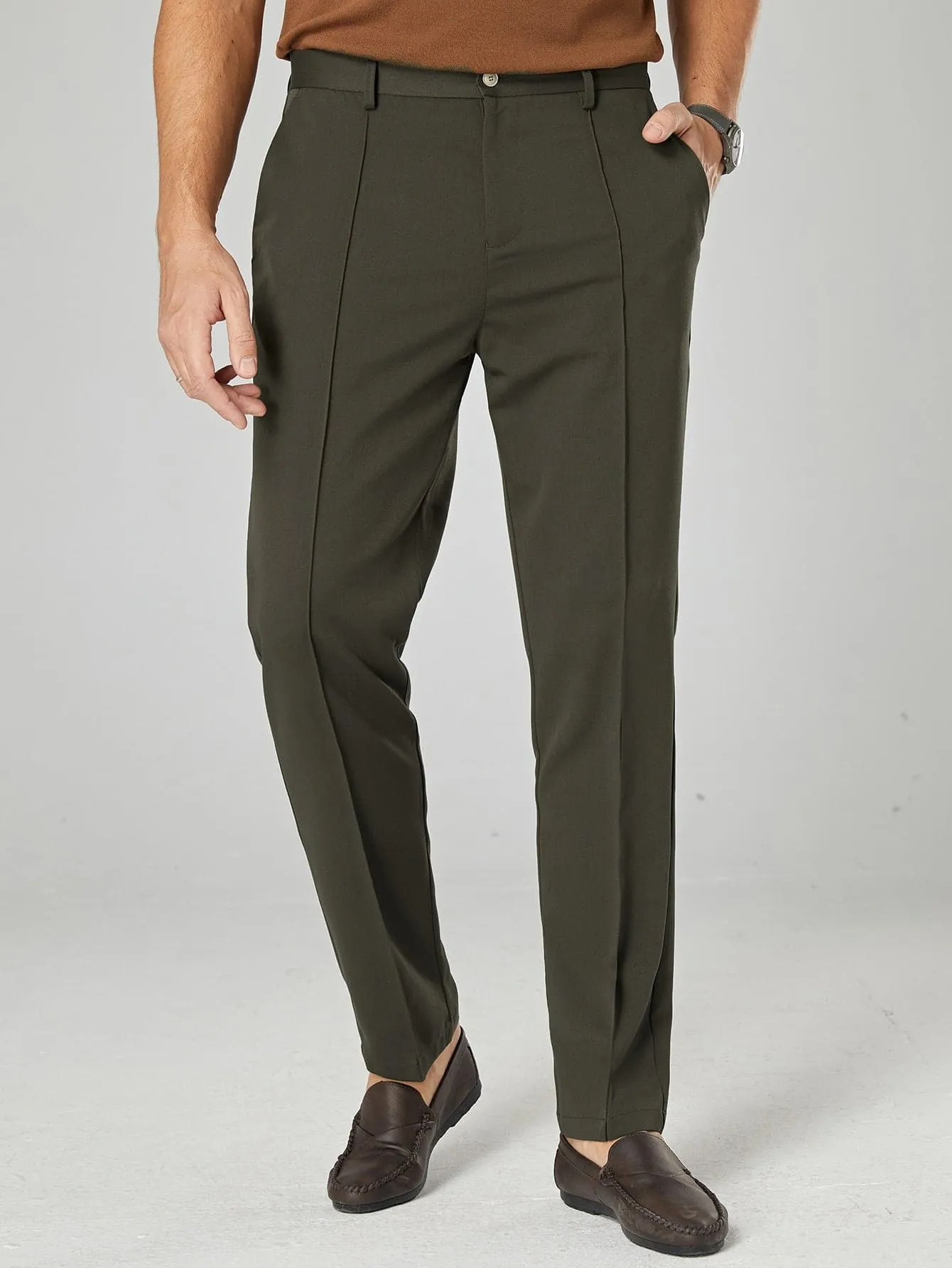 Army Green Seam Detail Zipper Fly Tailored Trousers