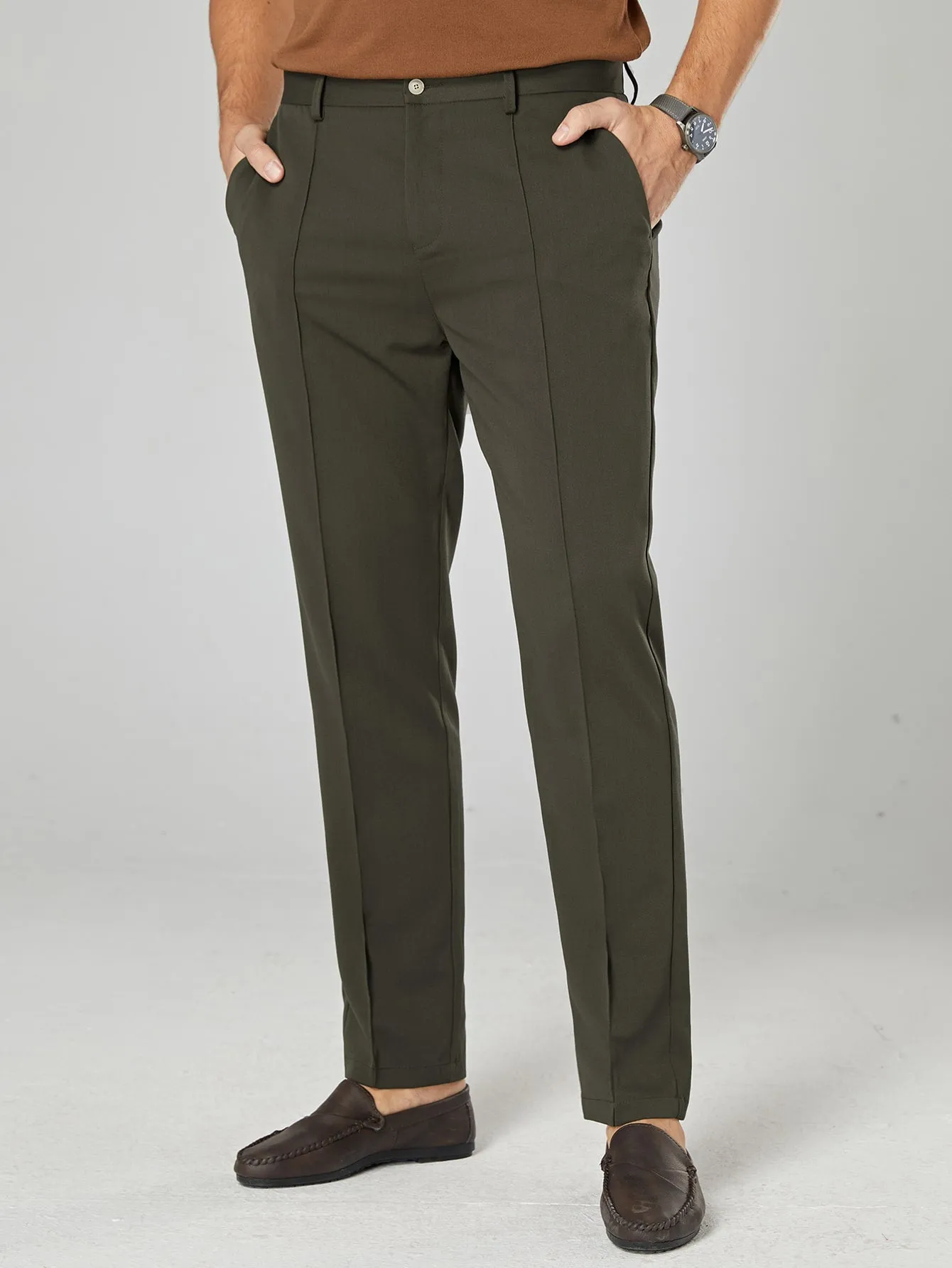 Army Green Seam Detail Zipper Fly Tailored Trousers