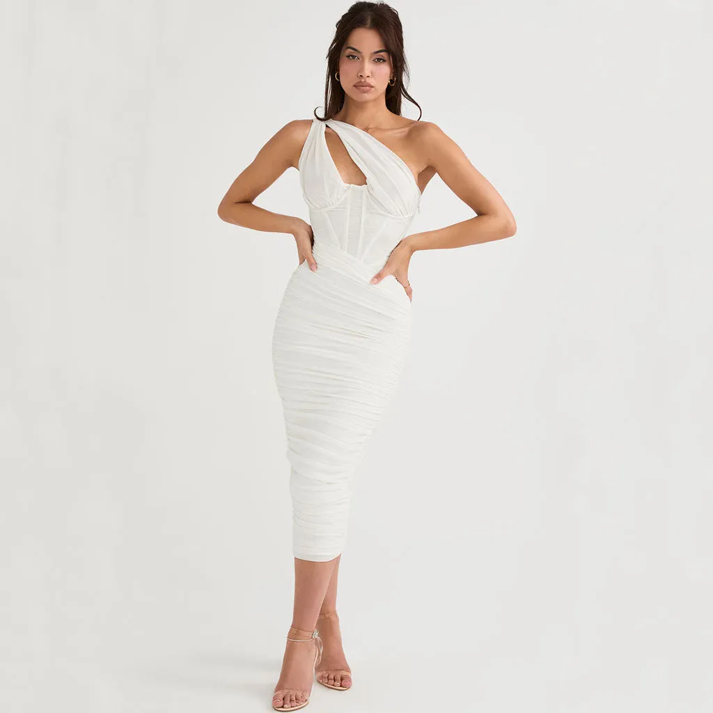 Asymmetric One Shoulder CutOut Ruched Corset Mesh Midi Dress - White