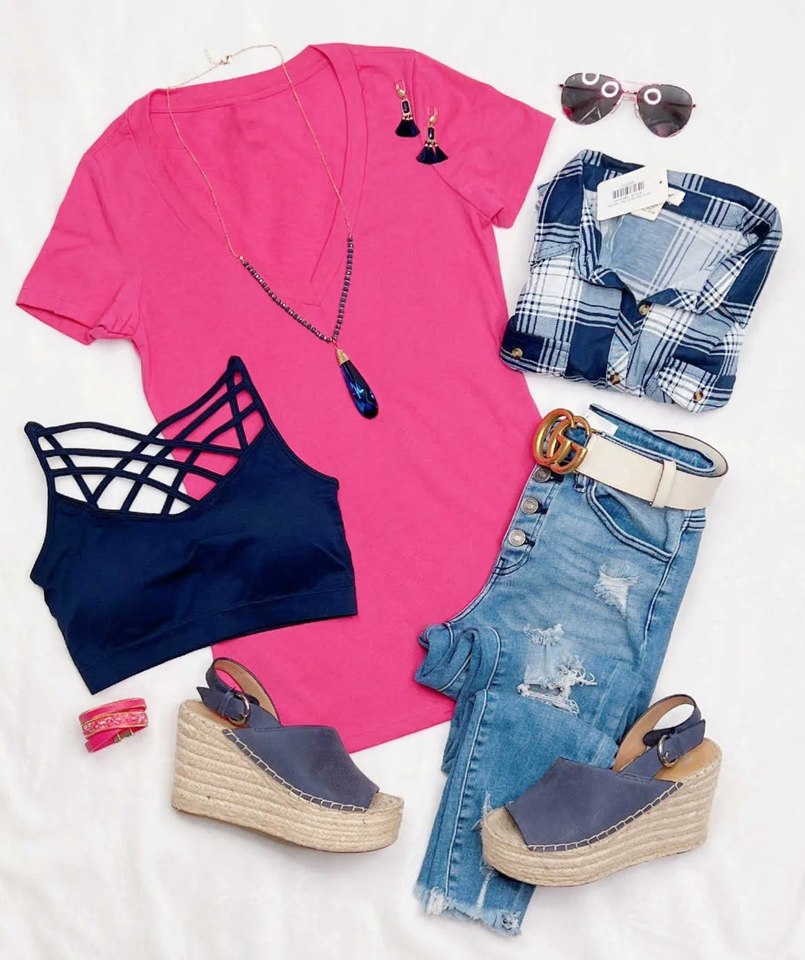 BASIC SHORT SLEEVE DEEP V TEE - FUSCHIA