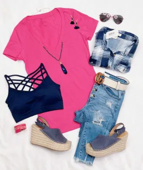 BASIC SHORT SLEEVE DEEP V TEE - FUSCHIA