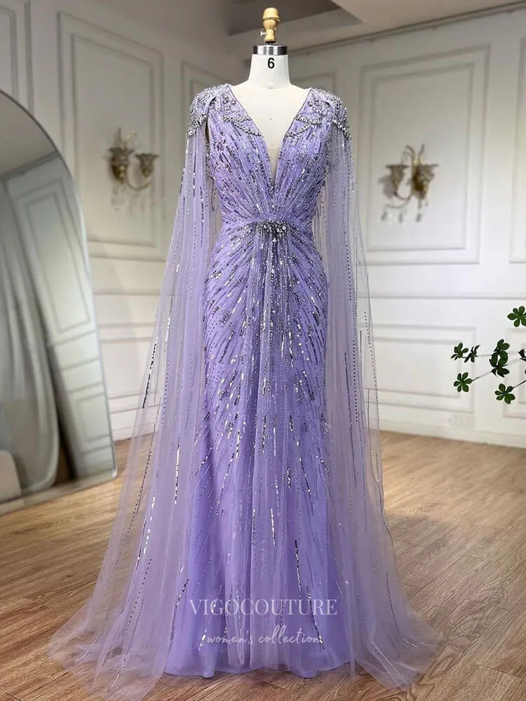 Beaded Cape Sleeve Sheath Prom Dresses V-Neck Pageant Dress 24534