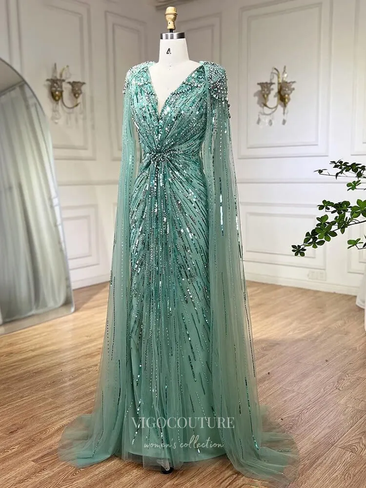 Beaded Cape Sleeve Sheath Prom Dresses V-Neck Pageant Dress 24534