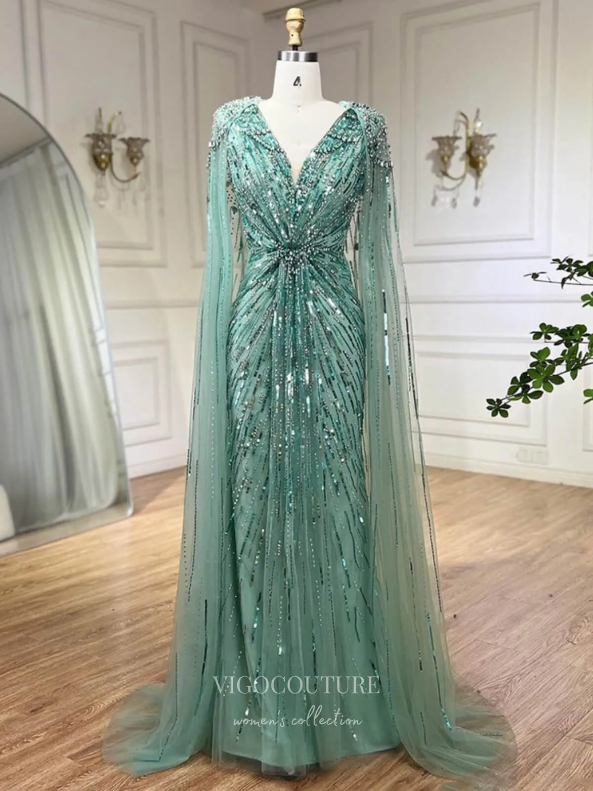 Beaded Cape Sleeve Sheath Prom Dresses V-Neck Pageant Dress 24534