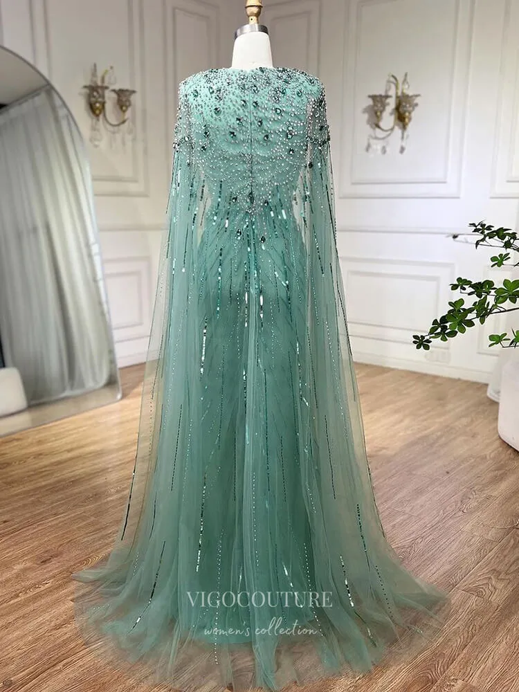 Beaded Cape Sleeve Sheath Prom Dresses V-Neck Pageant Dress 24534