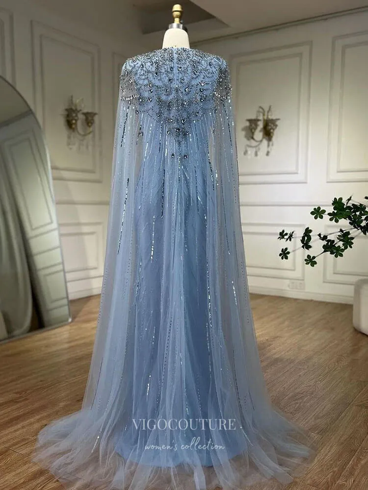 Beaded Cape Sleeve Sheath Prom Dresses V-Neck Pageant Dress 24534