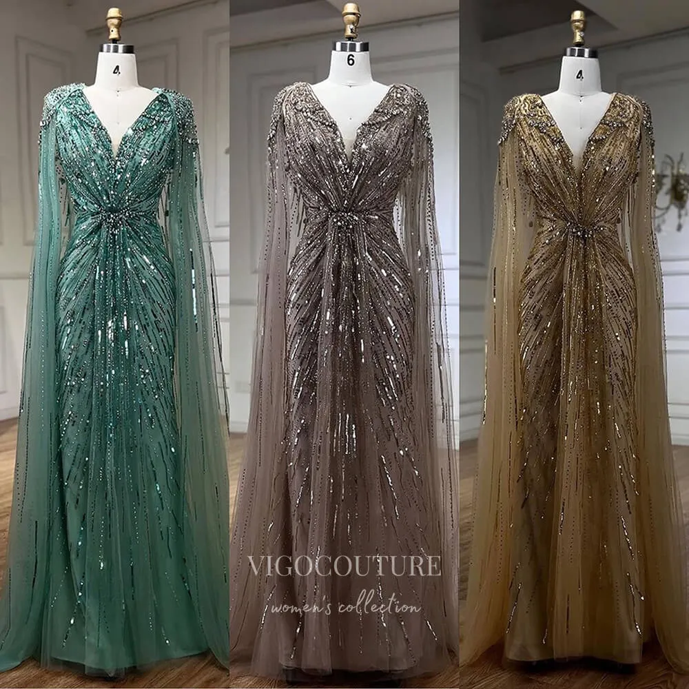 Beaded Cape Sleeve Sheath Prom Dresses V-Neck Pageant Dress 24534