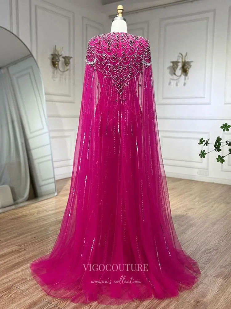 Beaded Cape Sleeve Sheath Prom Dresses V-Neck Pageant Dress 24534