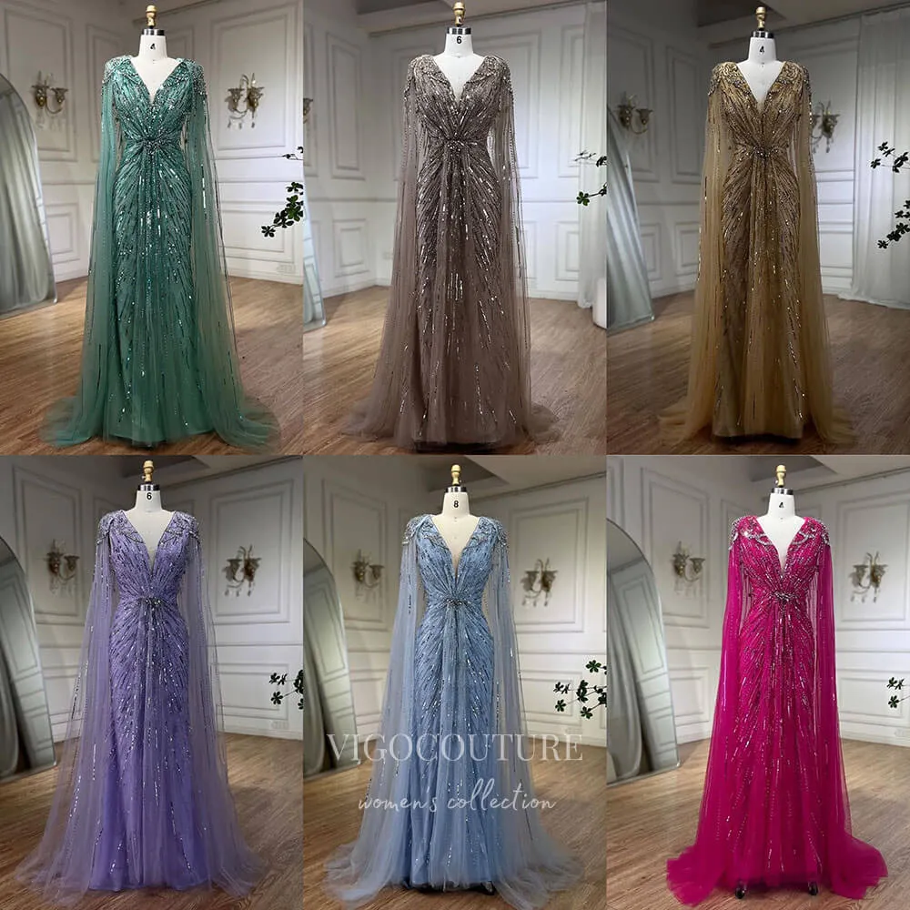 Beaded Cape Sleeve Sheath Prom Dresses V-Neck Pageant Dress 24534