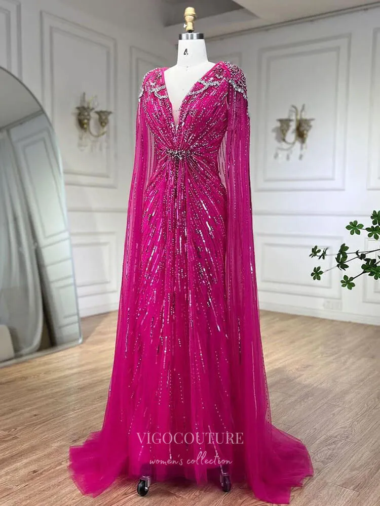 Beaded Cape Sleeve Sheath Prom Dresses V-Neck Pageant Dress 24534