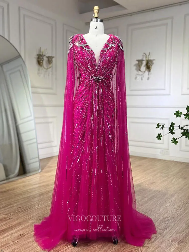 Beaded Cape Sleeve Sheath Prom Dresses V-Neck Pageant Dress 24534