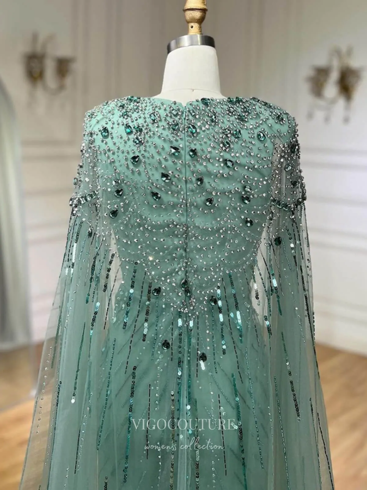 Beaded Cape Sleeve Sheath Prom Dresses V-Neck Pageant Dress 24534