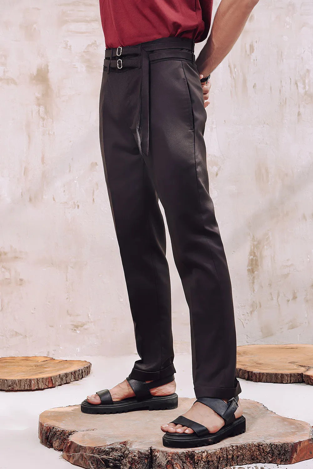 Black Double Belted Pleated Trousers