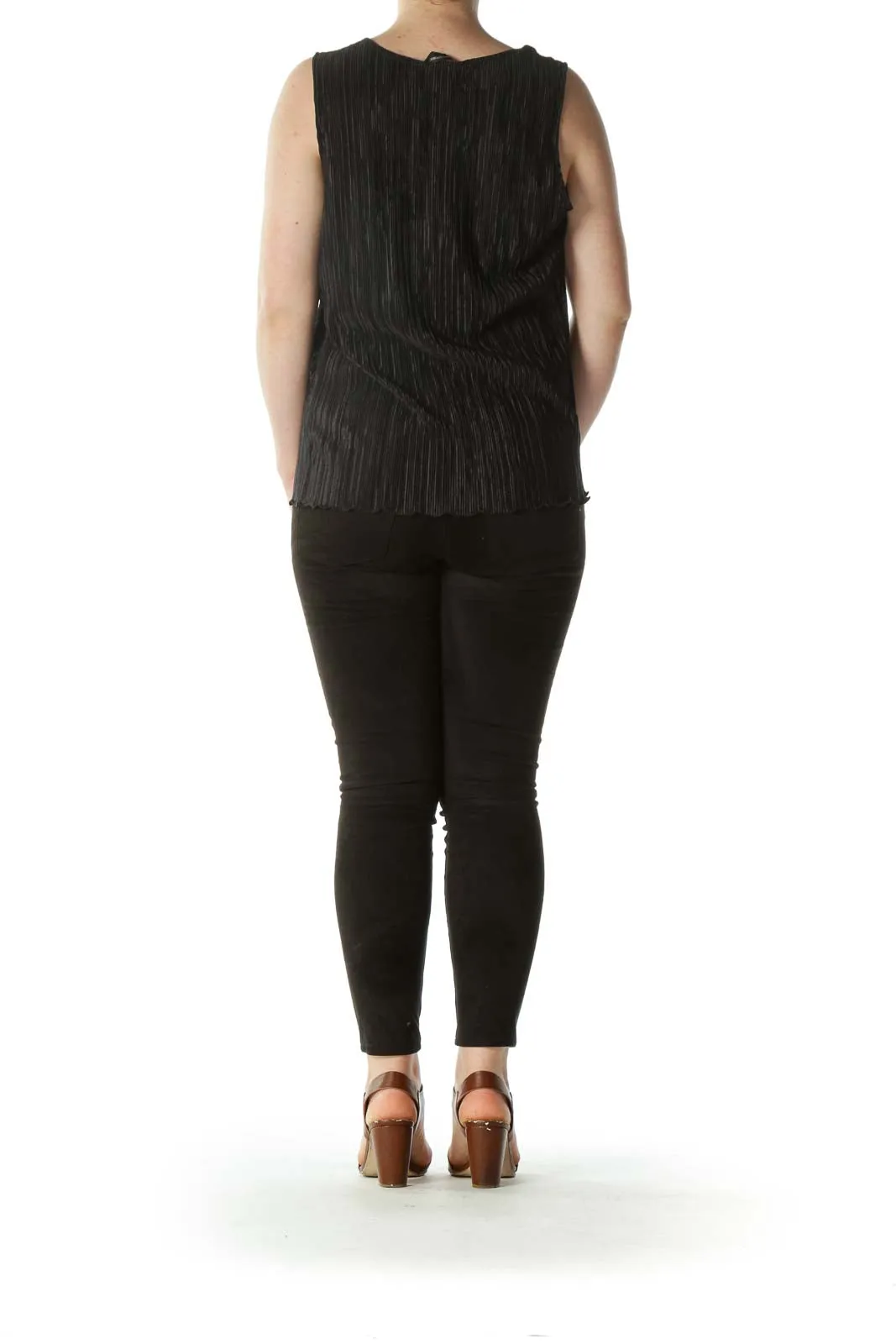 Black Shiny V-Neck Pleated Tank