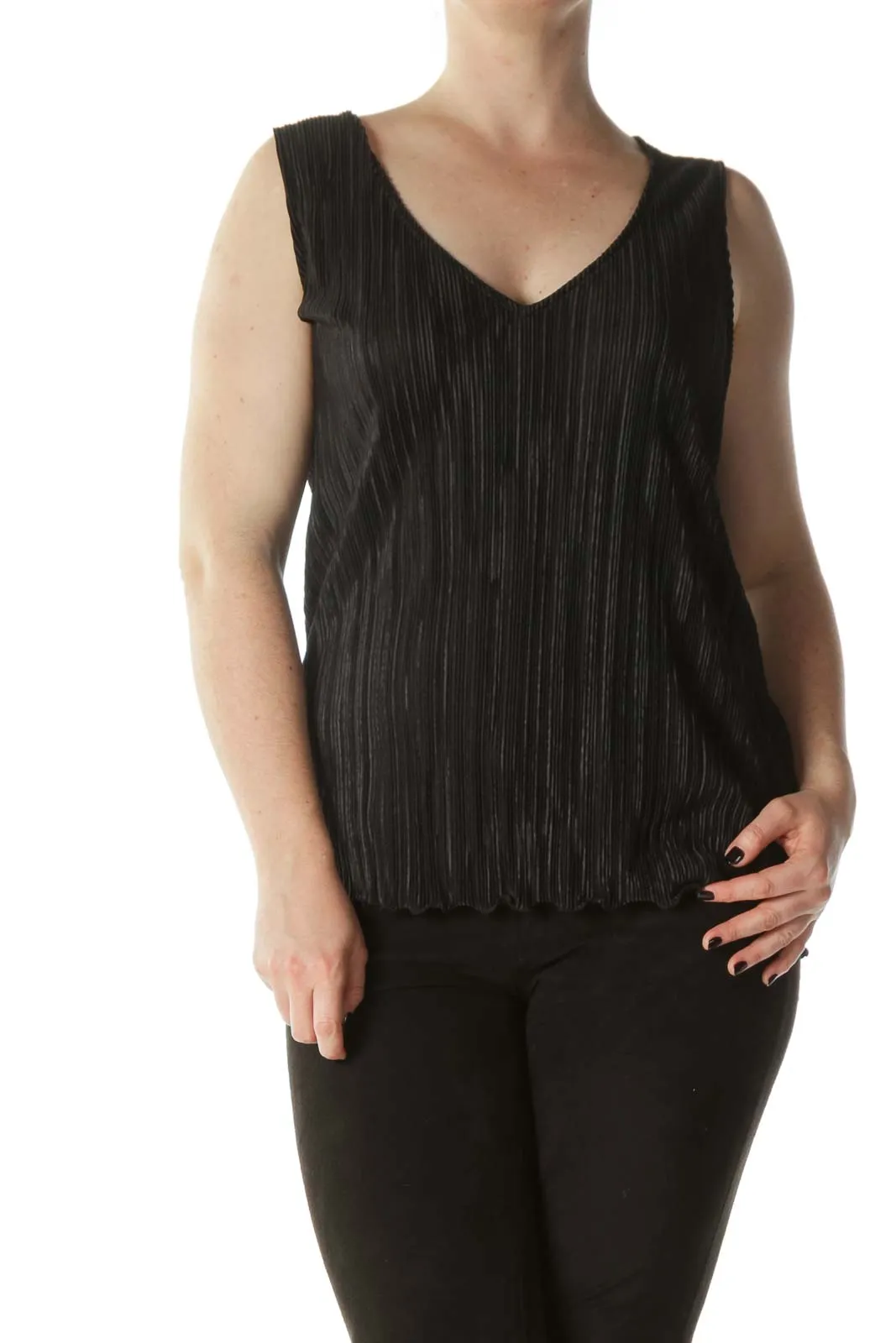 Black Shiny V-Neck Pleated Tank