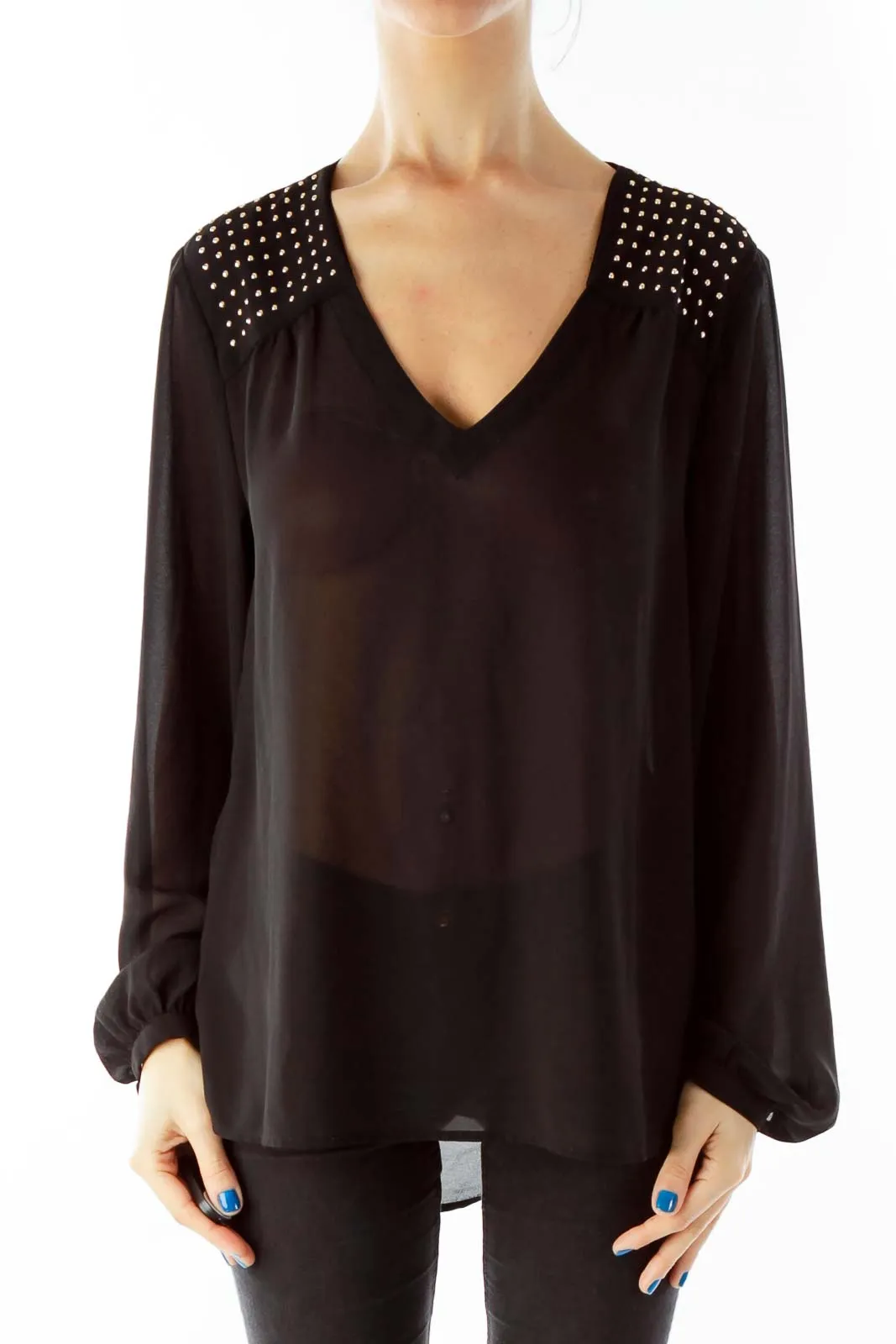 Black Studded See-Through V-Neck Blouse