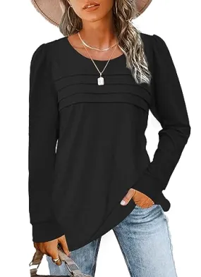 Blouses for Women Long Sleeve Crew Neck Shirts Puff Sleeve Fall Tops Black