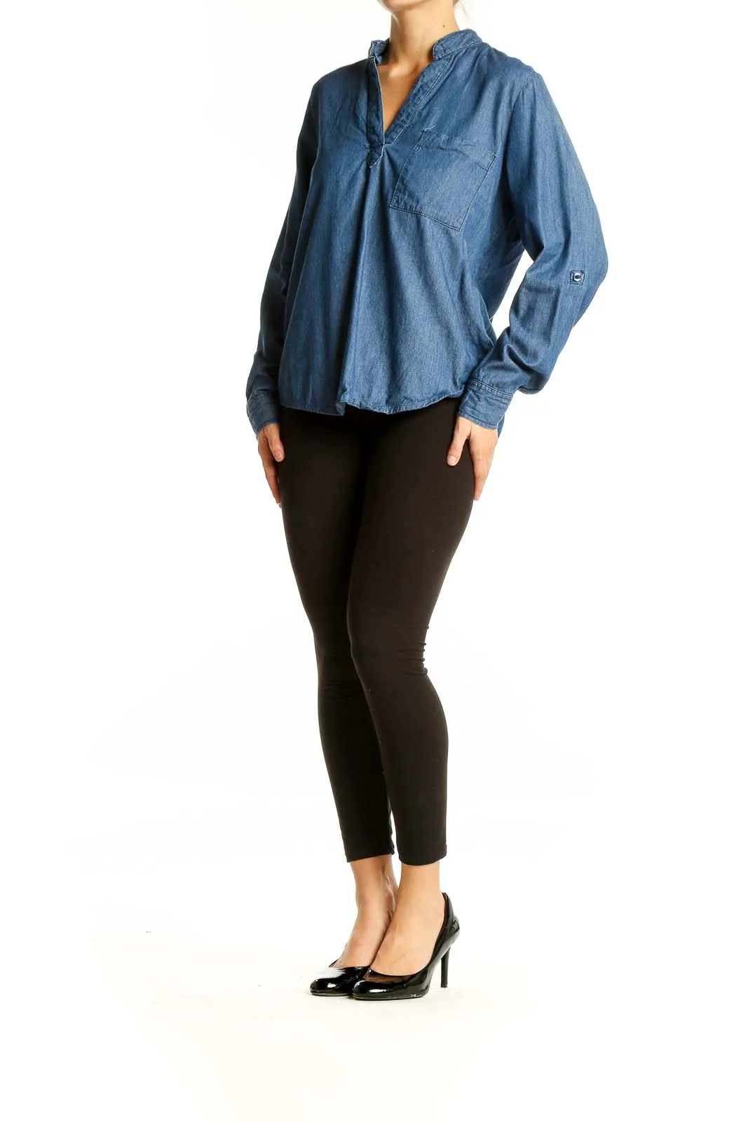 Blue Denim V-Neck Blouse