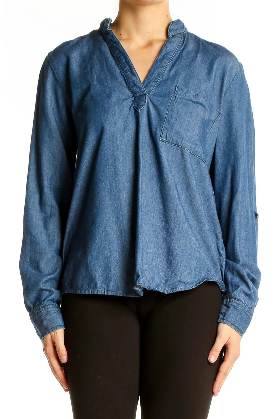 Blue Denim V-Neck Blouse