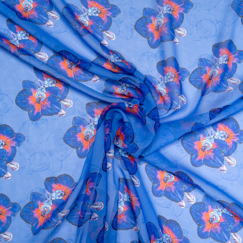 Blue Floral Printed Sky Blue Silk Georgette