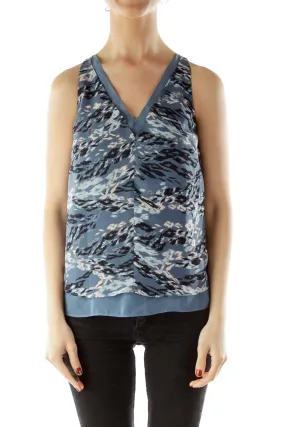 Blue V-Neck Sleeveless Print Blouse