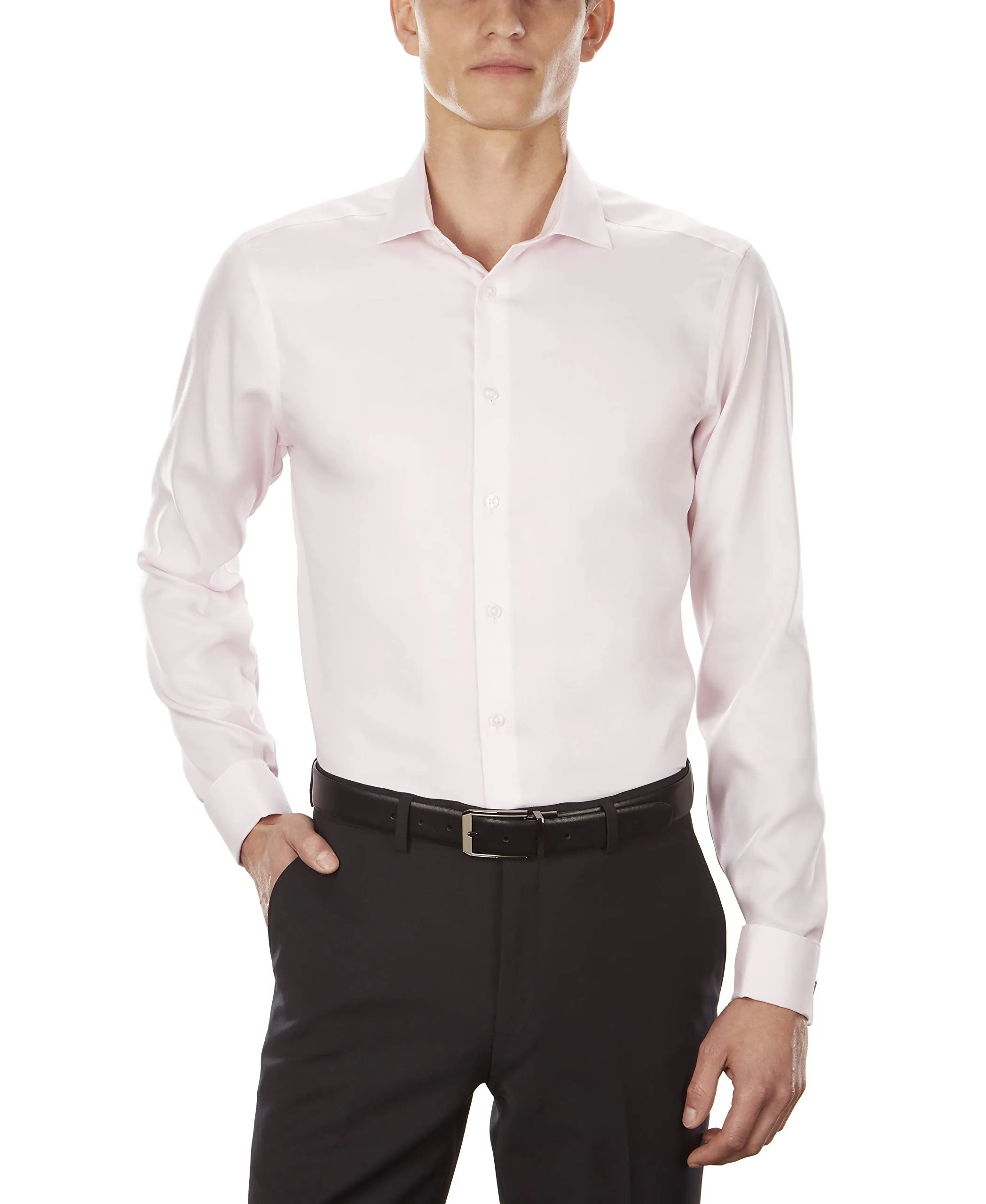 Calvin Klein Men's Dress Shirt Slim Fit Non Iron Solid French Cuff, Pink, 16.5" Neck 34"-35" Sleeve