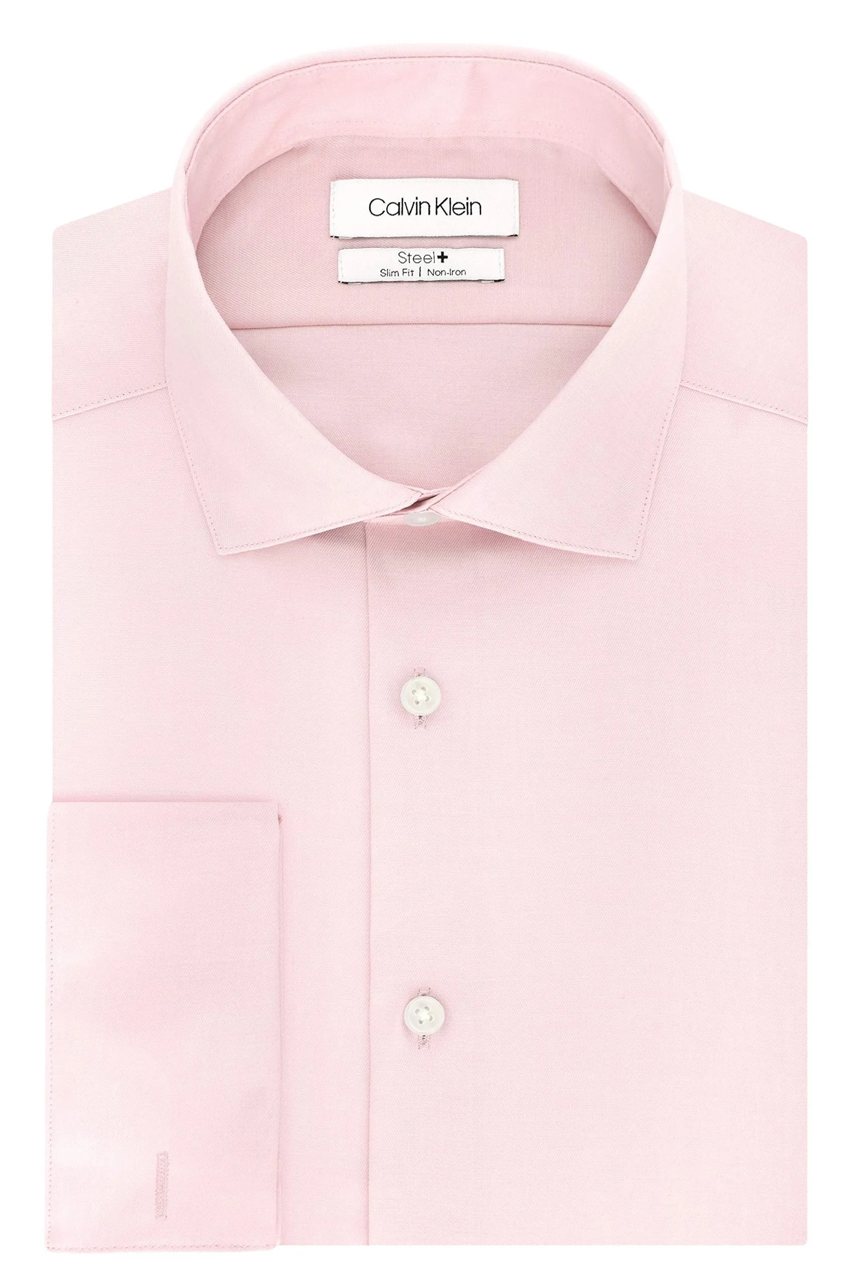 Calvin Klein Men's Dress Shirt Slim Fit Non Iron Solid French Cuff, Pink, 16.5" Neck 34"-35" Sleeve