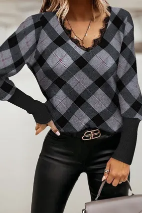 Casual Plaid Split Joint V Neck Tops