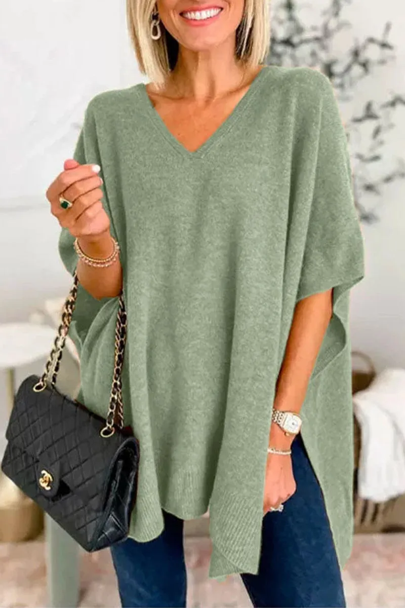 Casual Simplicity Solid Slit V Neck Tops