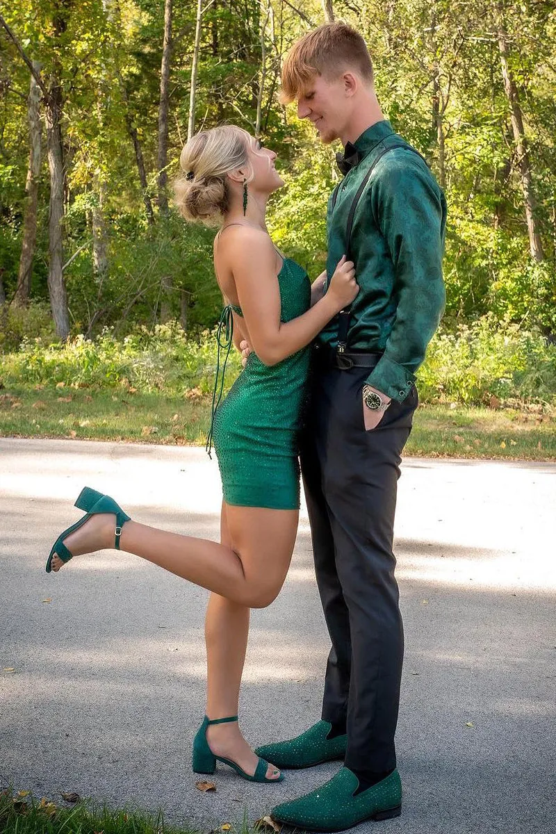 Dark Green Spaghetti Straps Short Homecoming Dresses with Beading