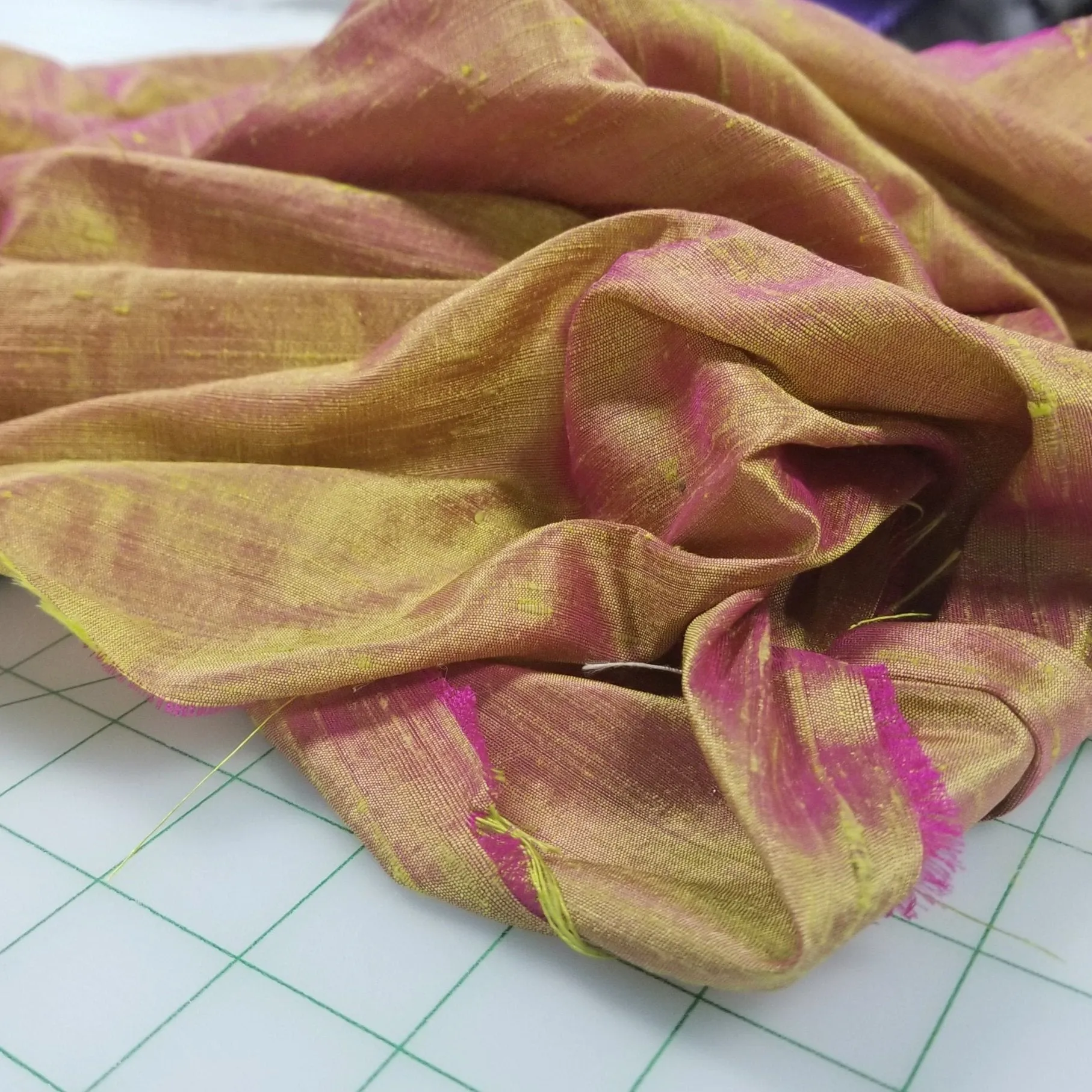 Designer Deadstock Iridescent Vibrant Fuchsia and Lime Silk Dupioni Fabric Woven 95 GSM- by the yard