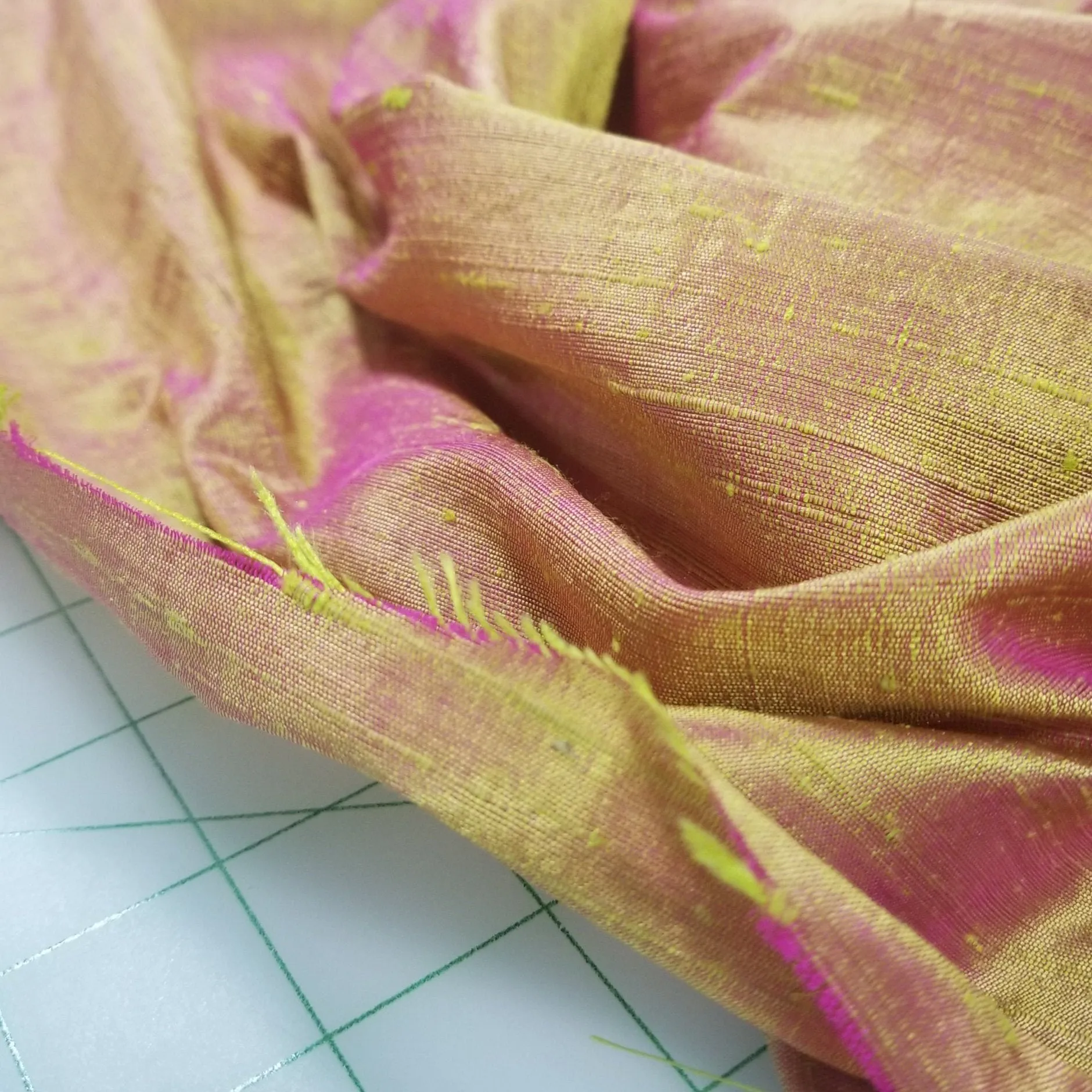 Designer Deadstock Iridescent Vibrant Fuchsia and Lime Silk Dupioni Fabric Woven 95 GSM- by the yard