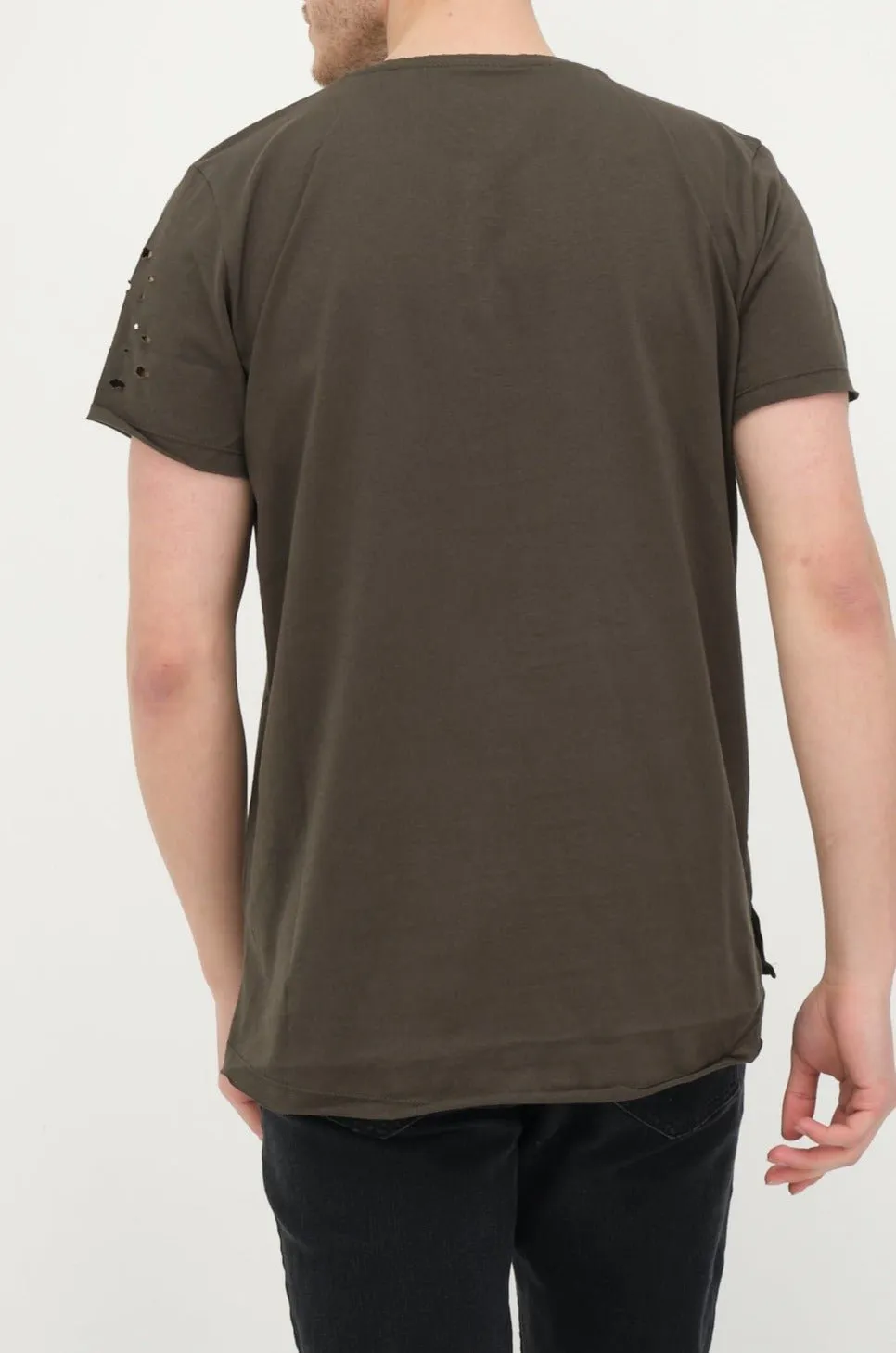 Distressed Button Down T-Shirt -Khaki