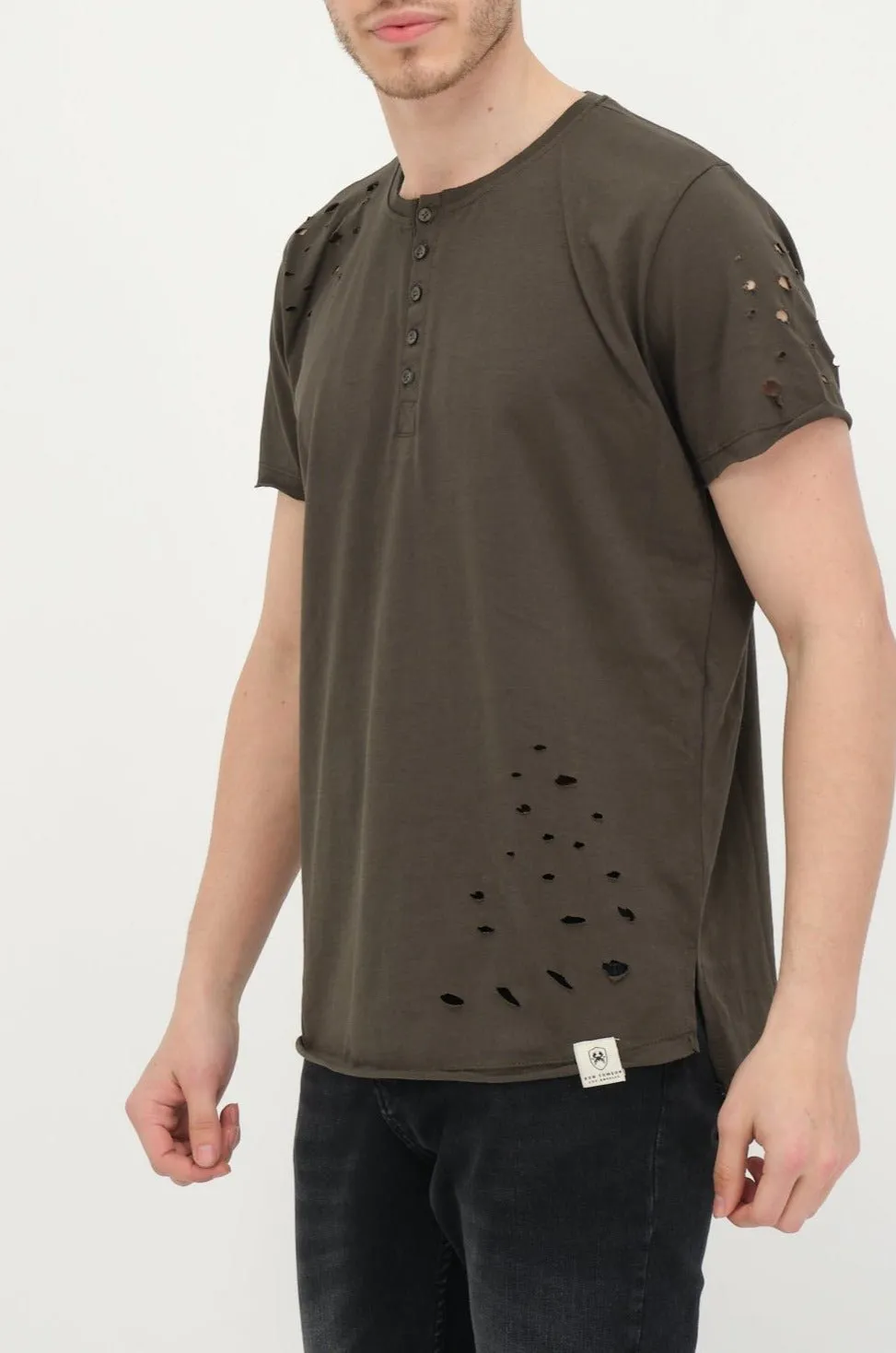 Distressed Button Down T-Shirt -Khaki