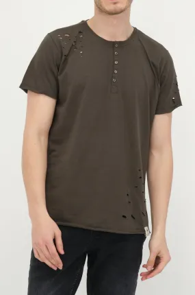 Distressed Button Down T-Shirt -Khaki