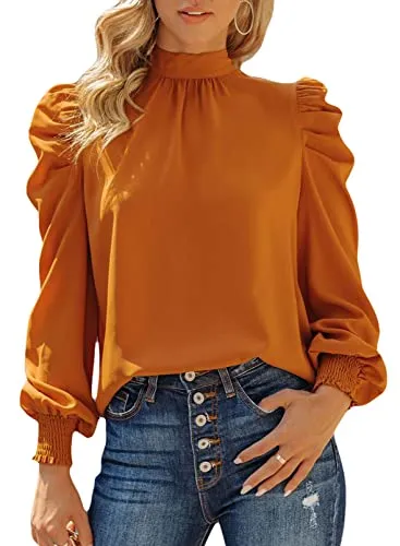 Dokotoo Womens Ladies Elegant Puff Long Sleeve High Neck Fall Summer Tops Turtleneck Chiffon Office Work Shirts and Blouses for Women Casual Loose Shirts Orange Medium