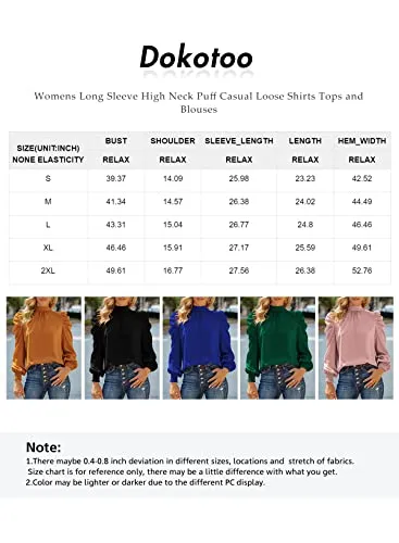 Dokotoo Womens Ladies Elegant Puff Long Sleeve High Neck Fall Summer Tops Turtleneck Chiffon Office Work Shirts and Blouses for Women Casual Loose Shirts Orange Medium