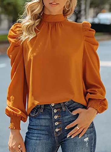 Dokotoo Womens Ladies Elegant Puff Long Sleeve High Neck Fall Summer Tops Turtleneck Chiffon Office Work Shirts and Blouses for Women Casual Loose Shirts Orange Medium