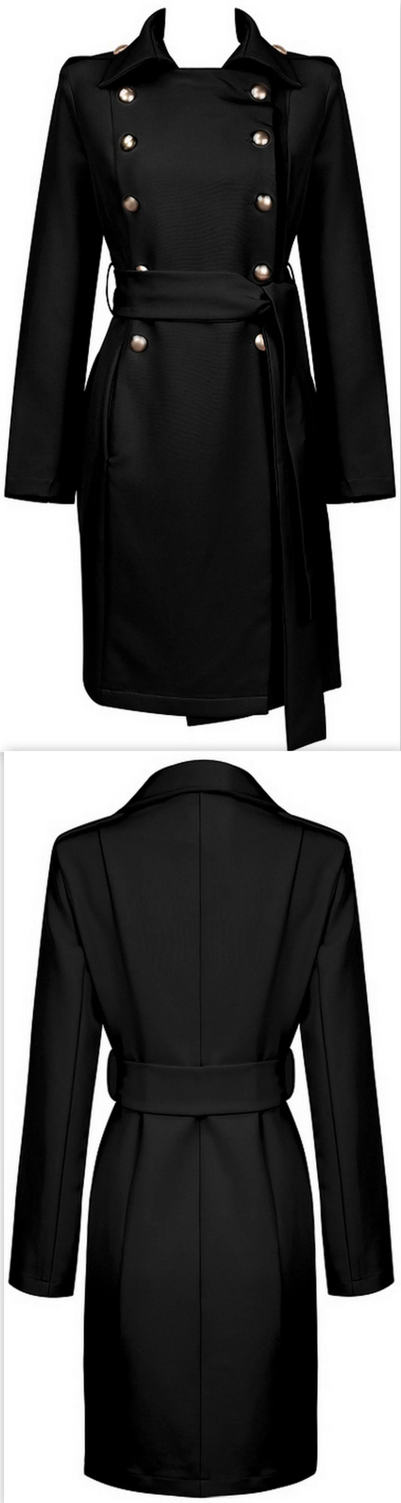 Double-Breasted Gold Button-Embellished Belted Coat, Black